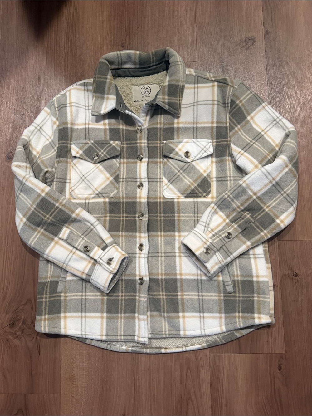 Sage Plaid Button-Front Shirt Jacket in Olive and Cream